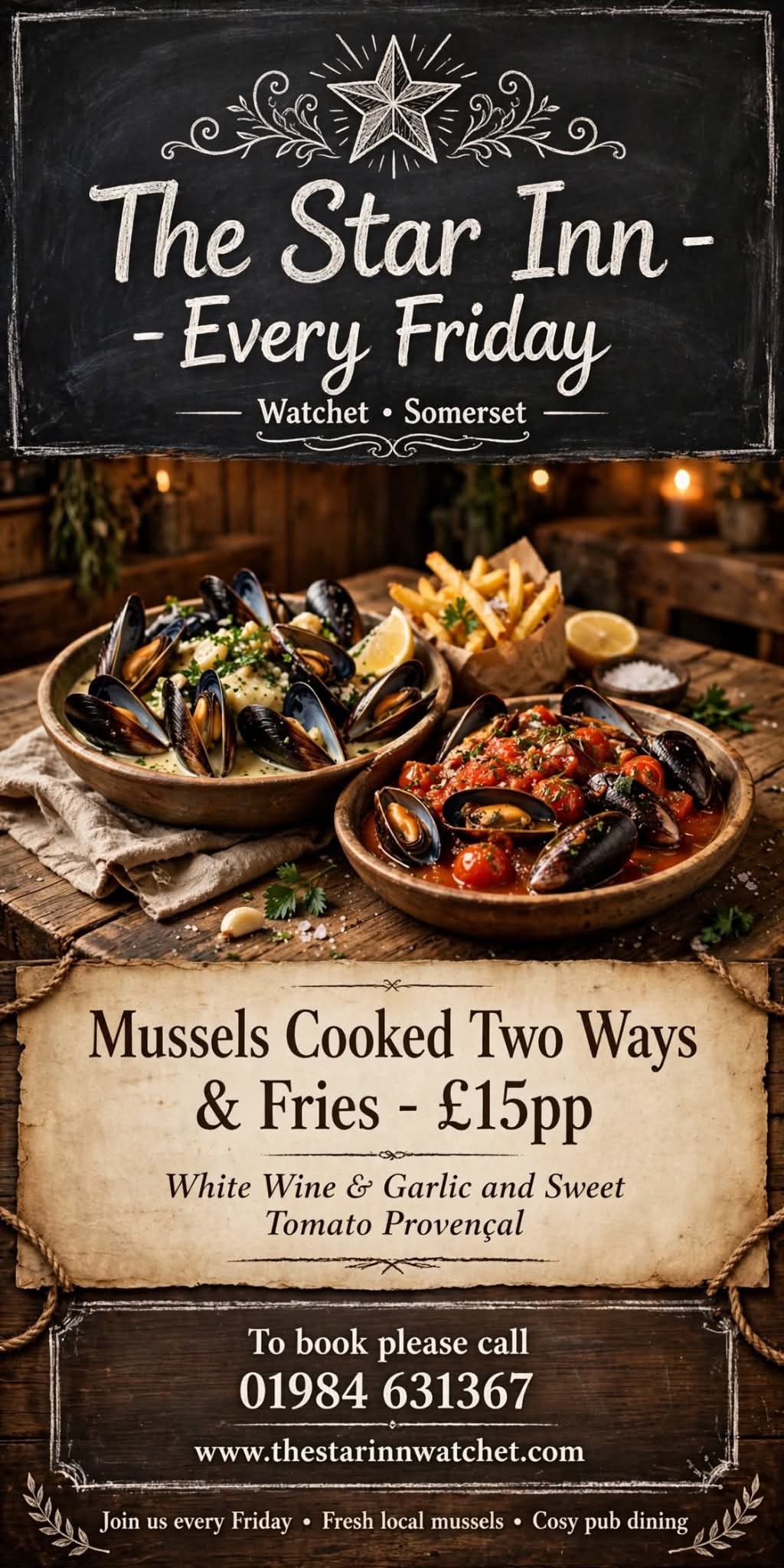 Friday mussels cooked two ways with fries poster