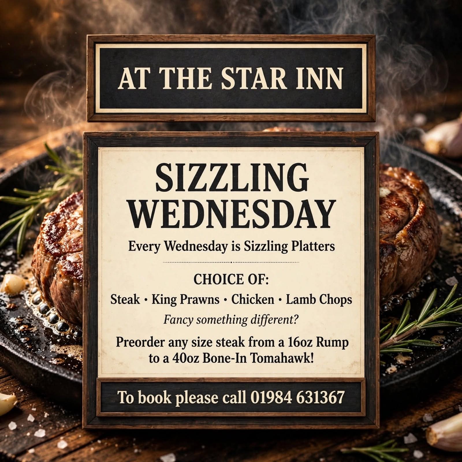 Sizzling Wednesday poster showing sizzling platter choices